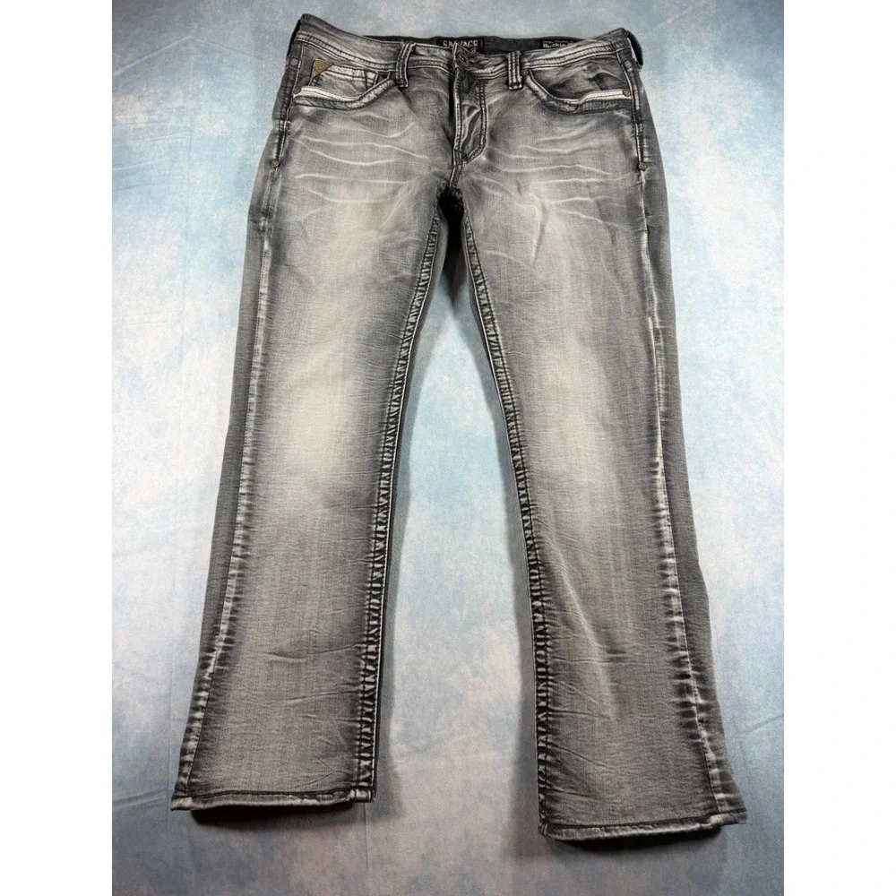 Salvage Havoc Slim Straight Jeans Mens 36 Grey Good Distressed Buckle SLVG
